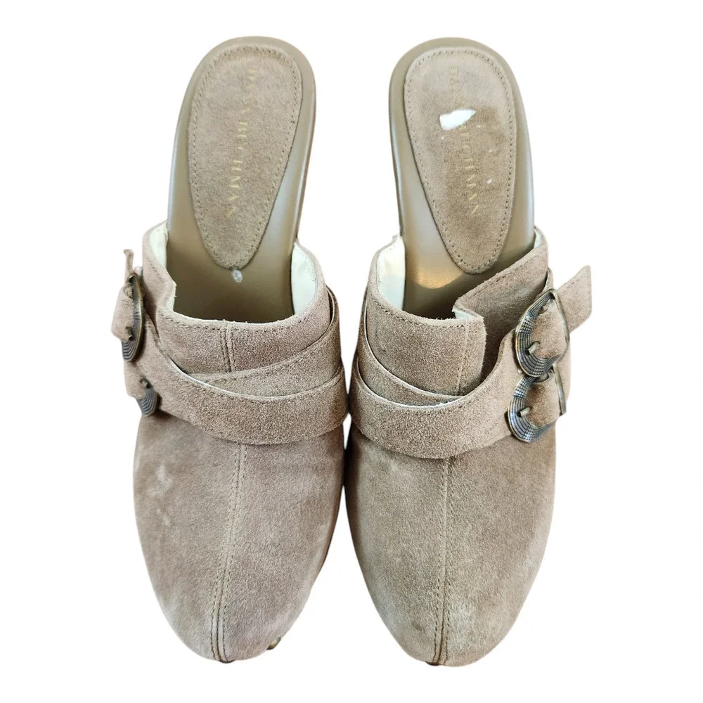 Dana Buchman tan suede buckle stud heel clog mules sz 8.5 Y2K leather Vtg